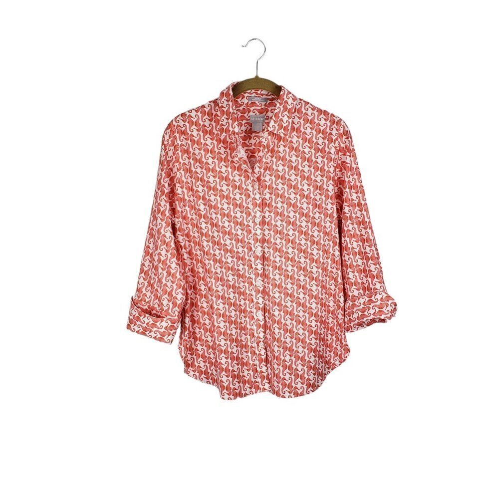 Chicos No-Iron Chic Stretch Button Up Seahorse Shirt Chicos 0 Womens Size 4